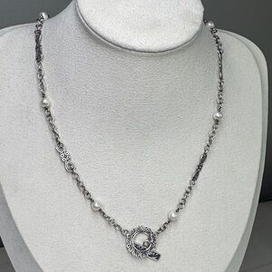 925 Sterling Silver Suarti Indonesia Bali Scroll Pearl Necklace Toggle Clasp 18”